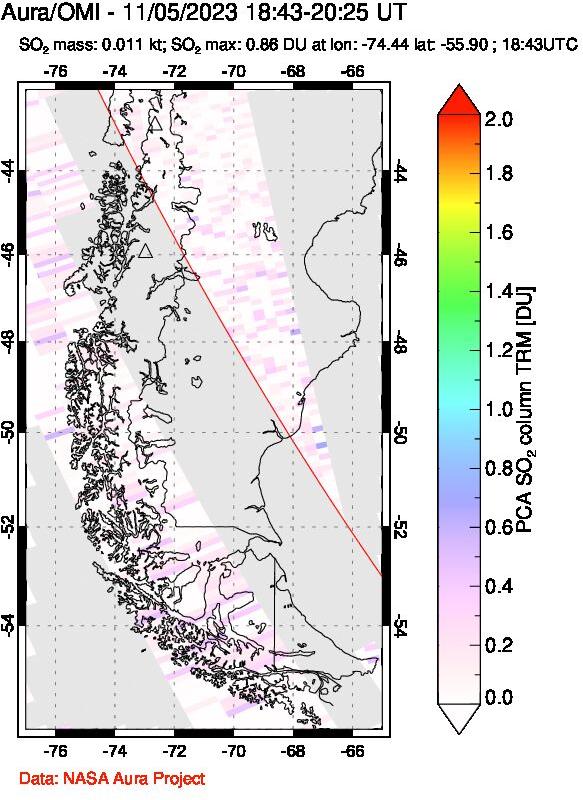 A sulfur dioxide image over Southern Chile on Nov 05, 2023.