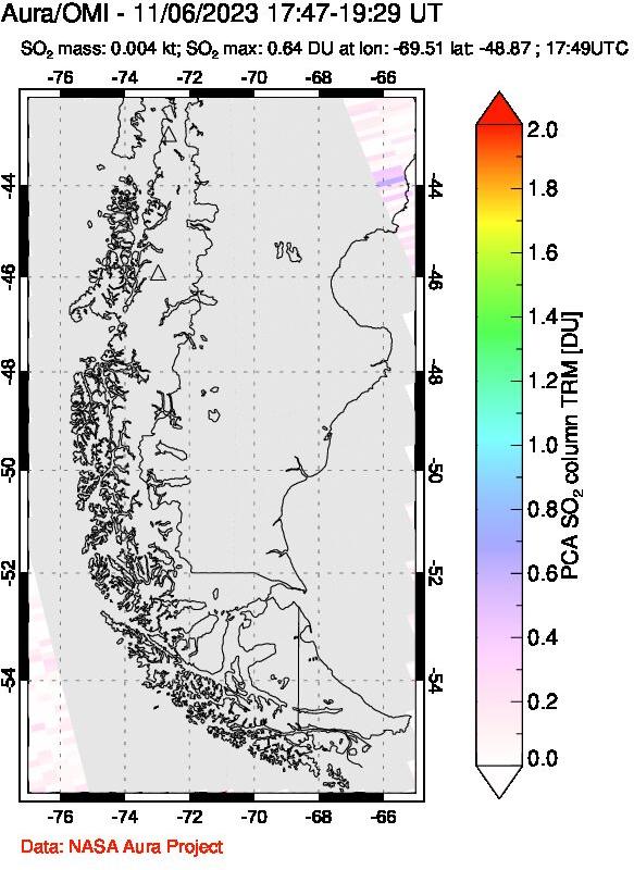 A sulfur dioxide image over Southern Chile on Nov 06, 2023.