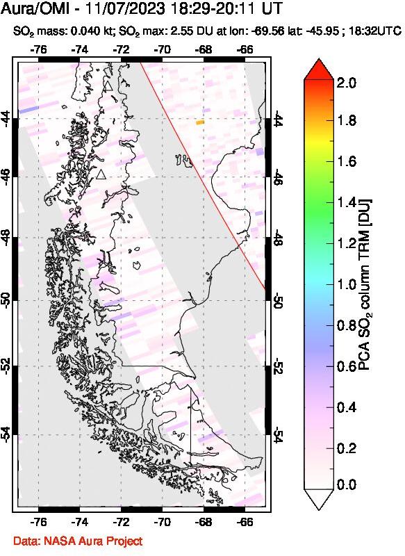 A sulfur dioxide image over Southern Chile on Nov 07, 2023.