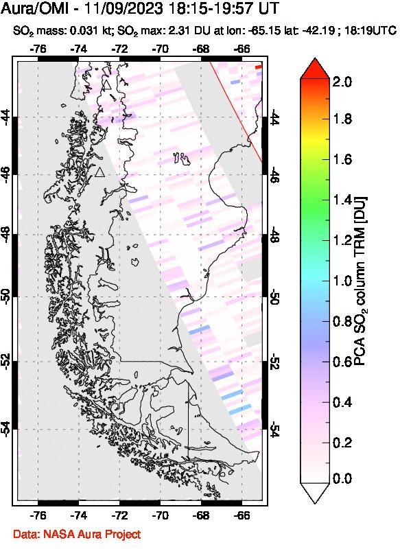 A sulfur dioxide image over Southern Chile on Nov 09, 2023.