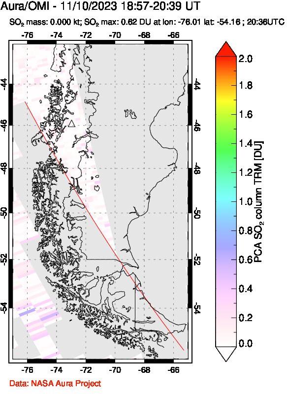 A sulfur dioxide image over Southern Chile on Nov 10, 2023.