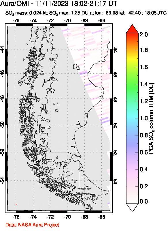 A sulfur dioxide image over Southern Chile on Nov 11, 2023.