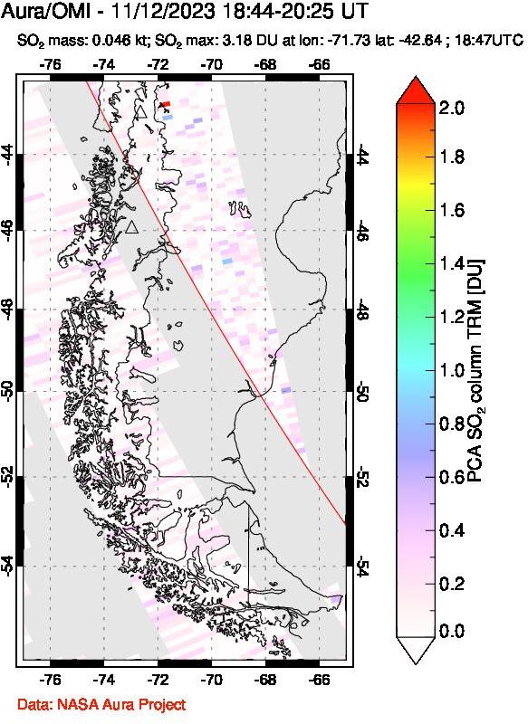 A sulfur dioxide image over Southern Chile on Nov 12, 2023.