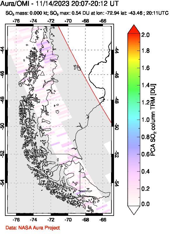 A sulfur dioxide image over Southern Chile on Nov 14, 2023.