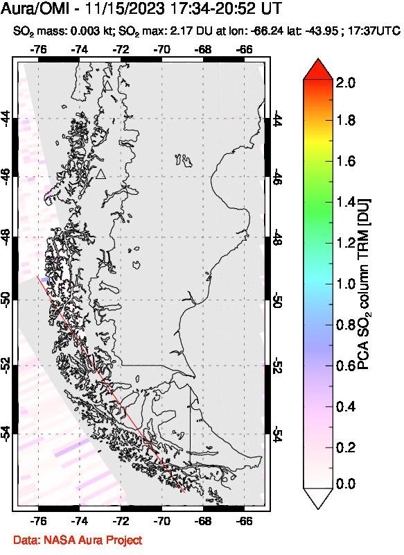 A sulfur dioxide image over Southern Chile on Nov 15, 2023.