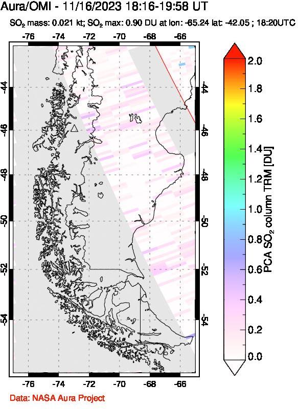 A sulfur dioxide image over Southern Chile on Nov 16, 2023.