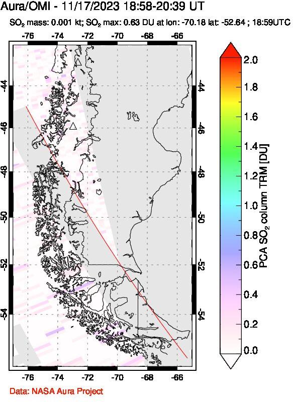 A sulfur dioxide image over Southern Chile on Nov 17, 2023.