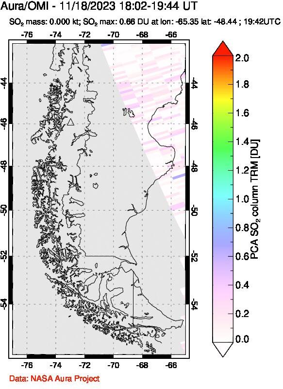 A sulfur dioxide image over Southern Chile on Nov 18, 2023.