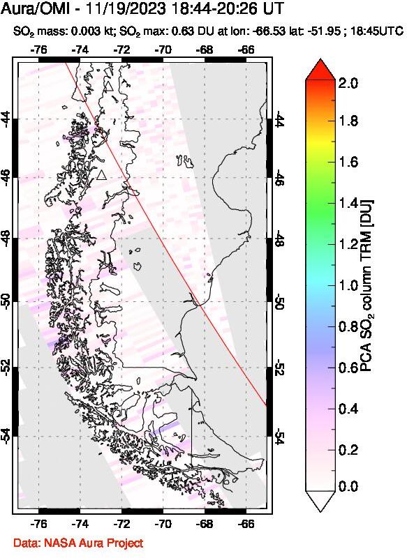 A sulfur dioxide image over Southern Chile on Nov 19, 2023.