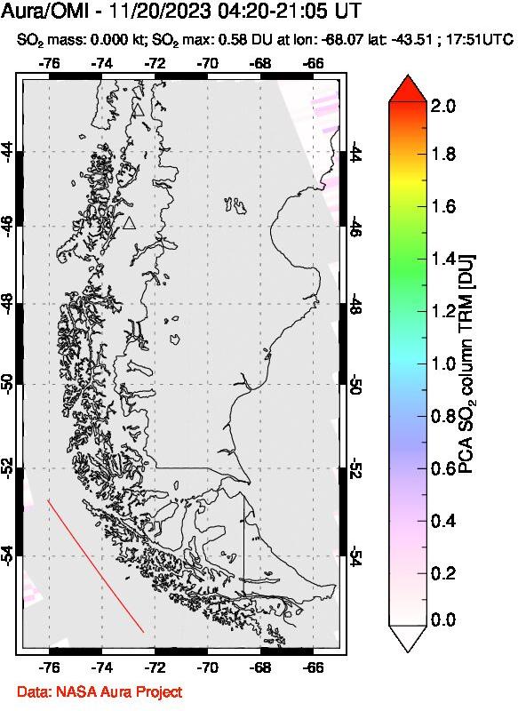 A sulfur dioxide image over Southern Chile on Nov 20, 2023.