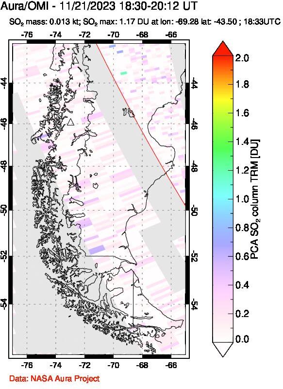 A sulfur dioxide image over Southern Chile on Nov 21, 2023.