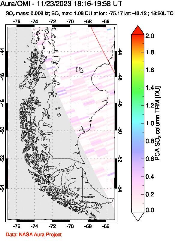 A sulfur dioxide image over Southern Chile on Nov 23, 2023.