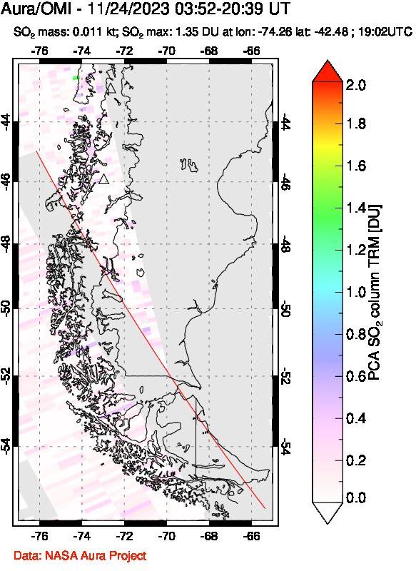 A sulfur dioxide image over Southern Chile on Nov 24, 2023.