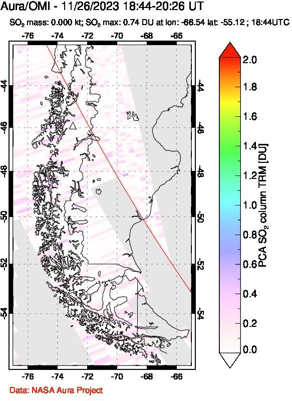 A sulfur dioxide image over Southern Chile on Nov 26, 2023.