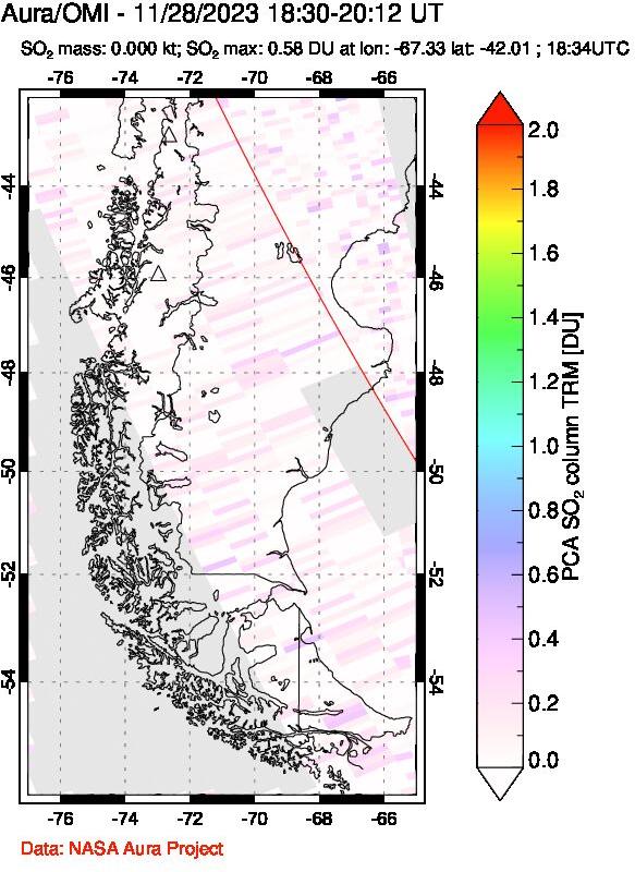 A sulfur dioxide image over Southern Chile on Nov 28, 2023.