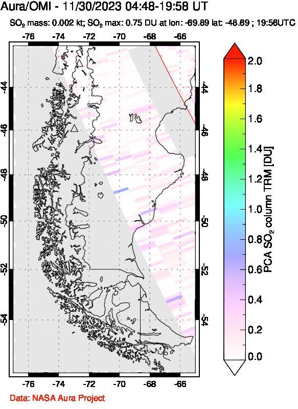 A sulfur dioxide image over Southern Chile on Nov 30, 2023.