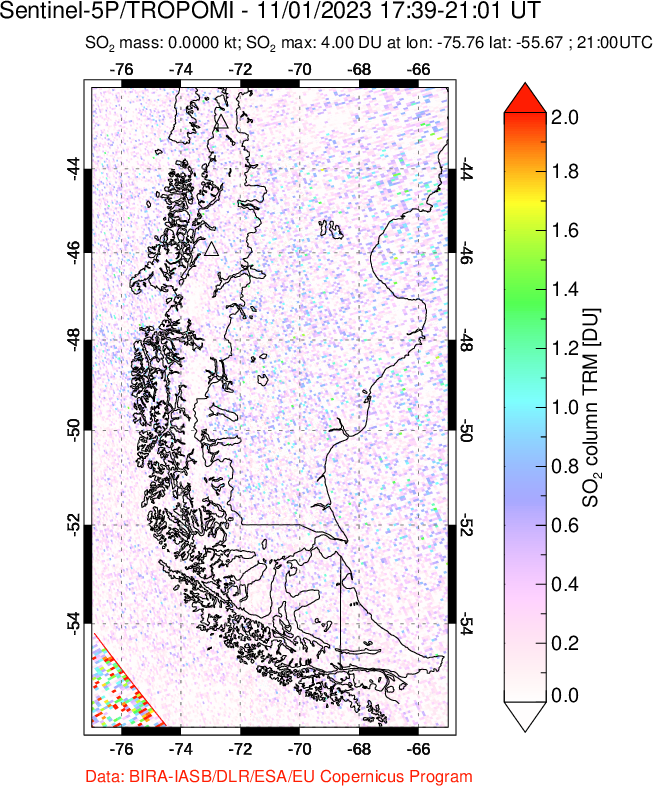 A sulfur dioxide image over Southern Chile on Nov 01, 2023.