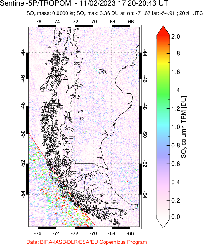 A sulfur dioxide image over Southern Chile on Nov 02, 2023.