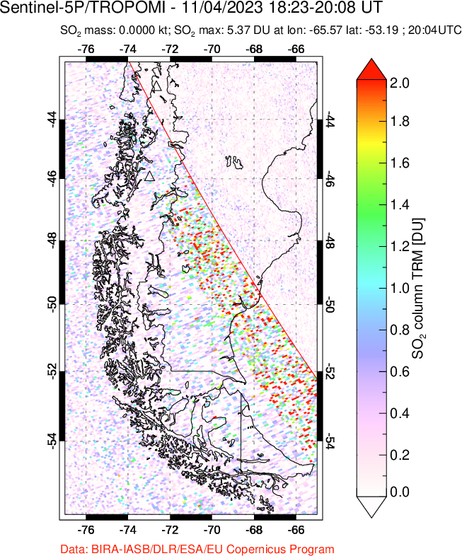 A sulfur dioxide image over Southern Chile on Nov 04, 2023.