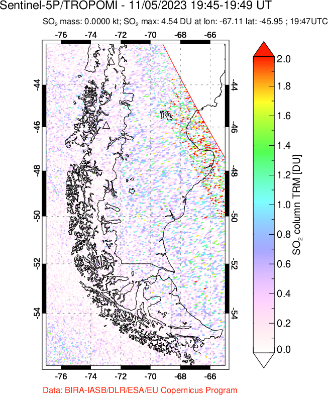 A sulfur dioxide image over Southern Chile on Nov 05, 2023.