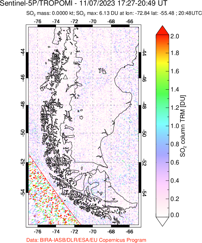 A sulfur dioxide image over Southern Chile on Nov 07, 2023.