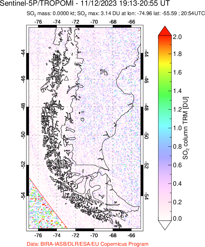 A sulfur dioxide image over Southern Chile on Nov 12, 2023.