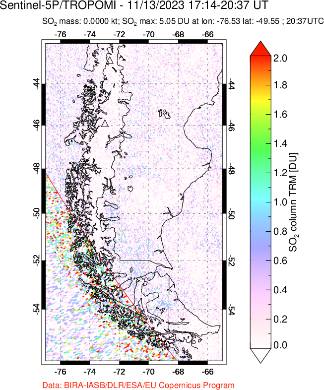 A sulfur dioxide image over Southern Chile on Nov 13, 2023.