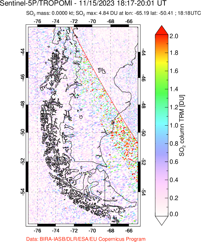 A sulfur dioxide image over Southern Chile on Nov 15, 2023.