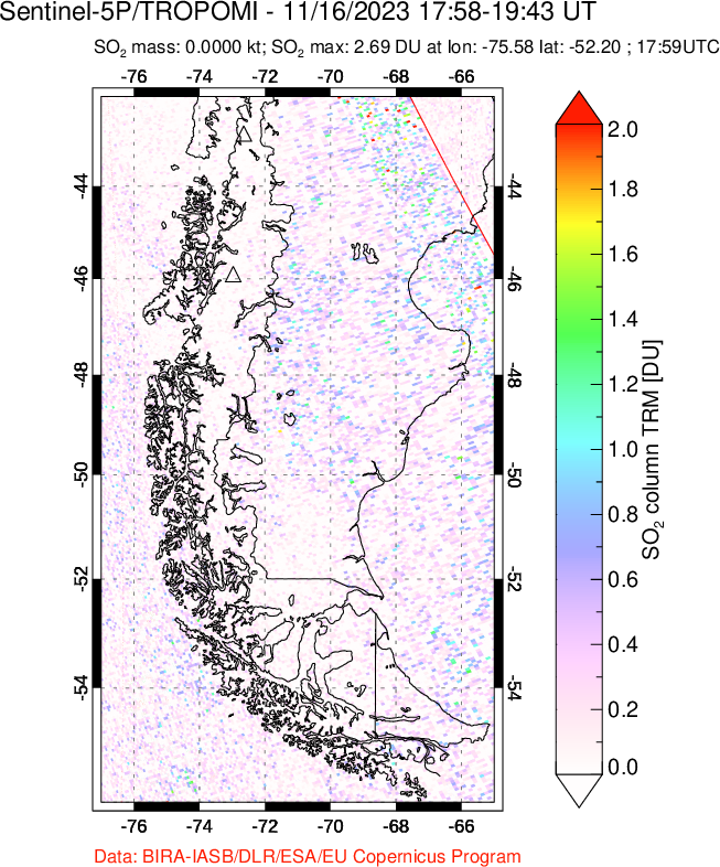 A sulfur dioxide image over Southern Chile on Nov 16, 2023.