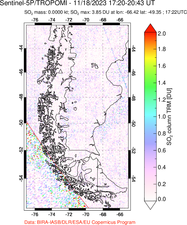 A sulfur dioxide image over Southern Chile on Nov 18, 2023.