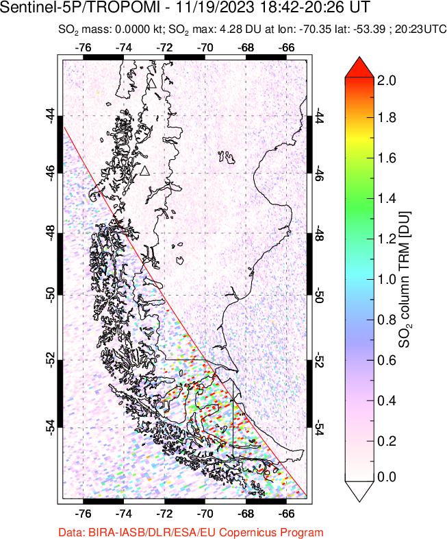 A sulfur dioxide image over Southern Chile on Nov 19, 2023.