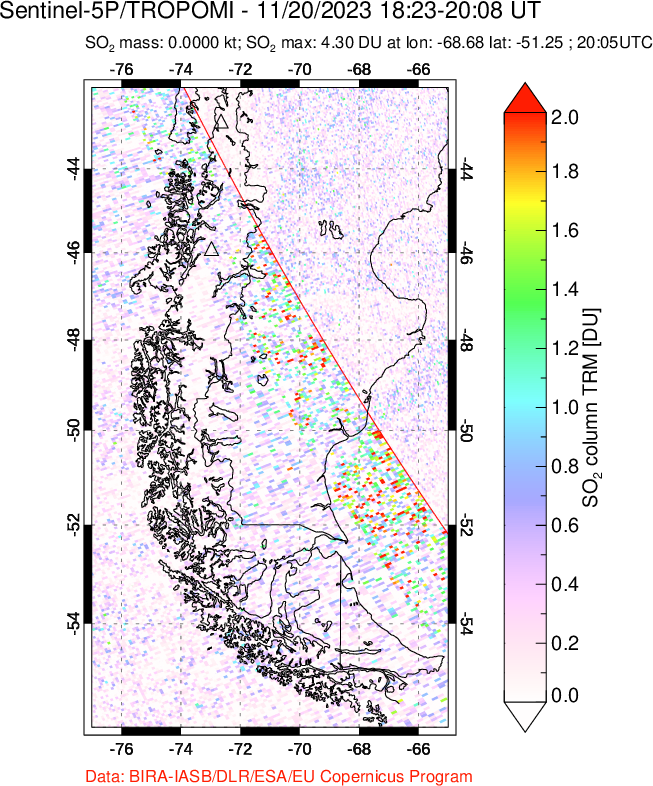 A sulfur dioxide image over Southern Chile on Nov 20, 2023.