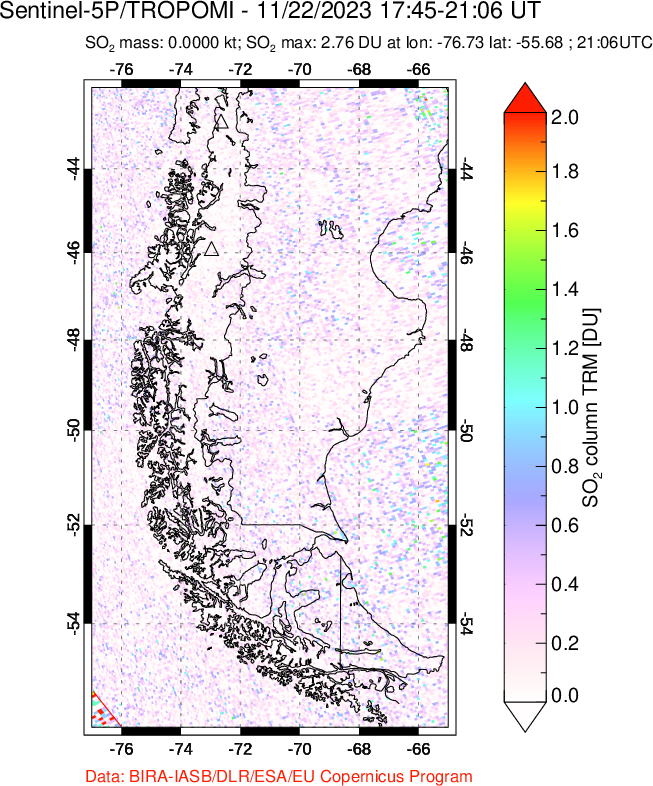 A sulfur dioxide image over Southern Chile on Nov 22, 2023.