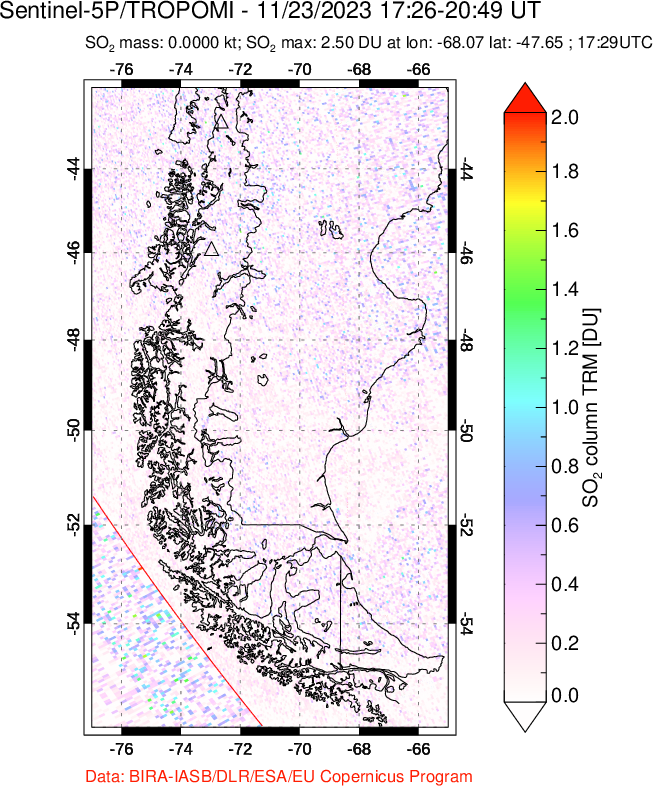 A sulfur dioxide image over Southern Chile on Nov 23, 2023.