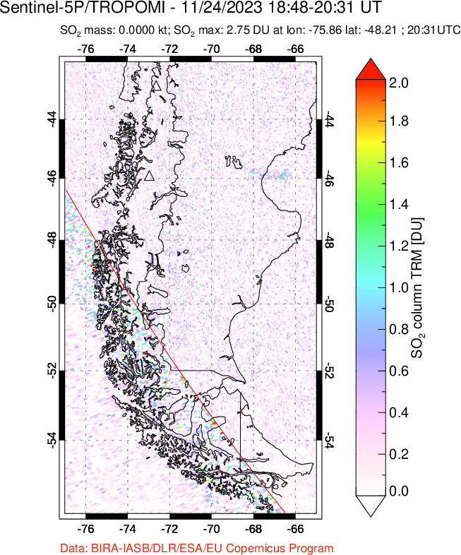 A sulfur dioxide image over Southern Chile on Nov 24, 2023.