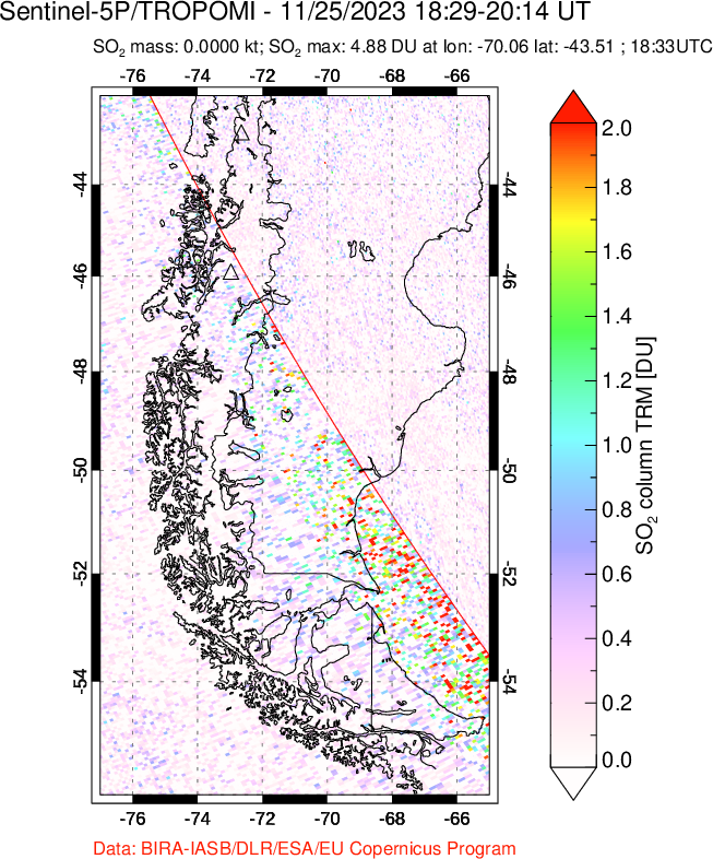 A sulfur dioxide image over Southern Chile on Nov 25, 2023.