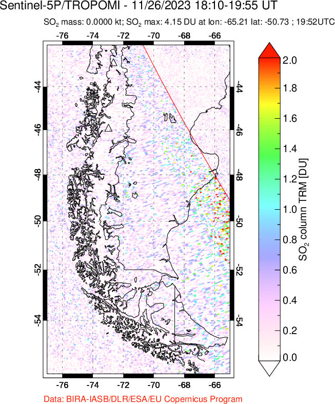 A sulfur dioxide image over Southern Chile on Nov 26, 2023.