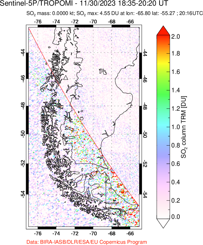 A sulfur dioxide image over Southern Chile on Nov 30, 2023.