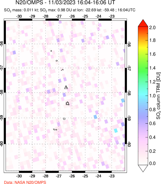 A sulfur dioxide image over South Sandwich Islands, South Atlantic on Nov 03, 2023.