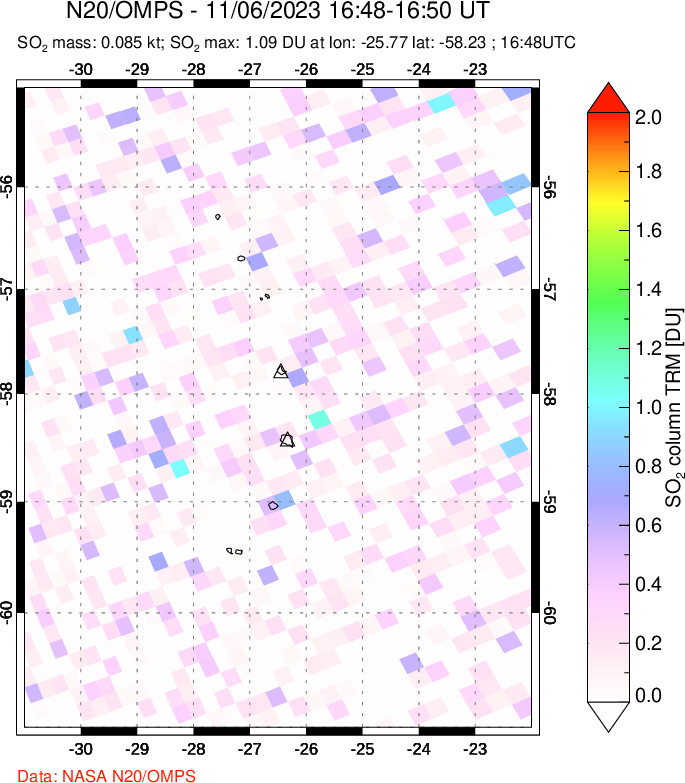 A sulfur dioxide image over South Sandwich Islands, South Atlantic on Nov 06, 2023.
