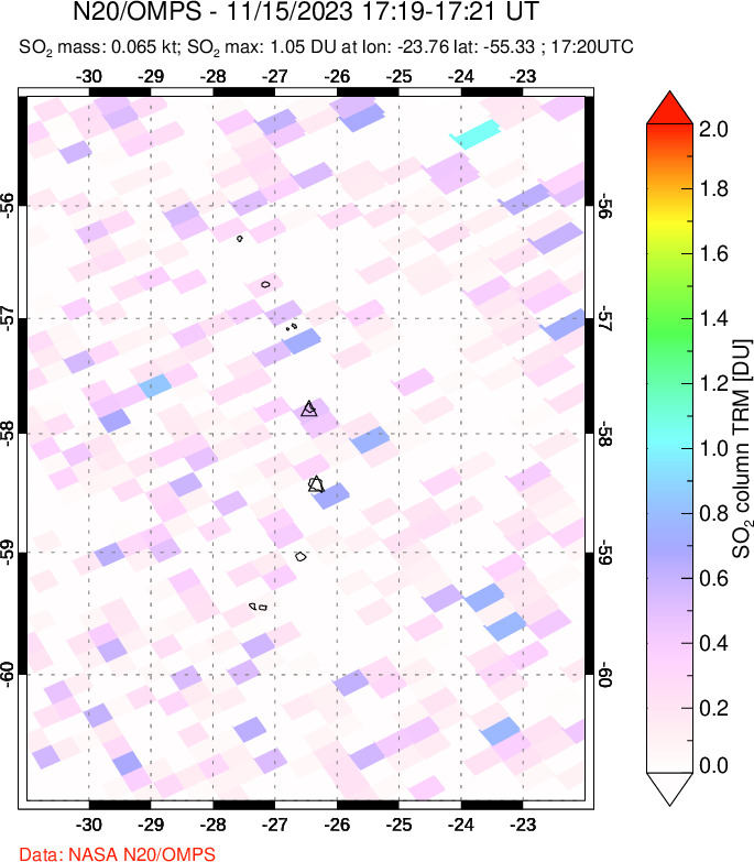 A sulfur dioxide image over South Sandwich Islands, South Atlantic on Nov 15, 2023.