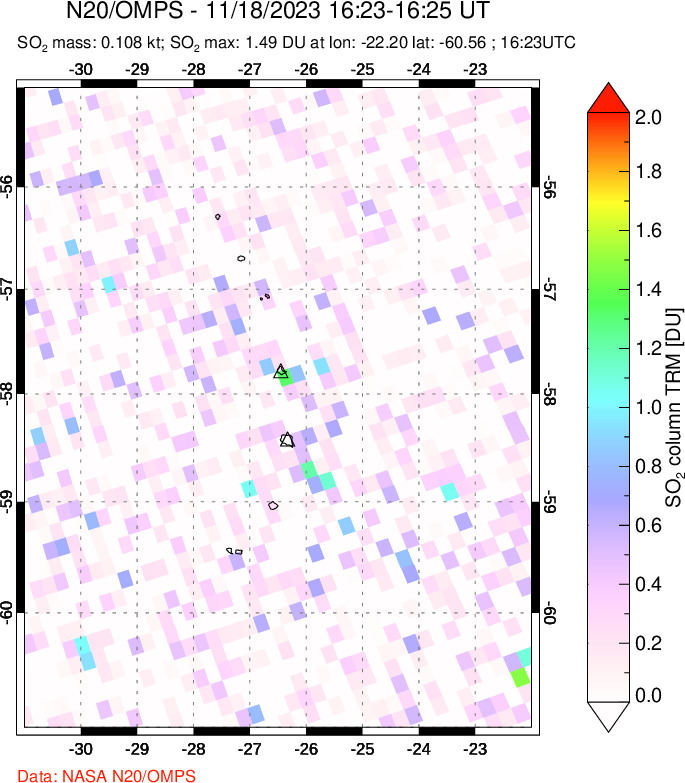 A sulfur dioxide image over South Sandwich Islands, South Atlantic on Nov 18, 2023.