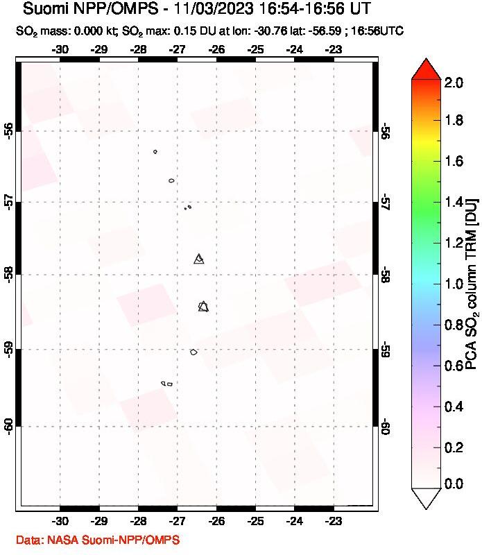 A sulfur dioxide image over South Sandwich Islands, South Atlantic on Nov 03, 2023.