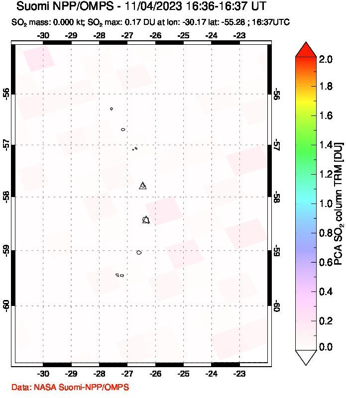 A sulfur dioxide image over South Sandwich Islands, South Atlantic on Nov 04, 2023.