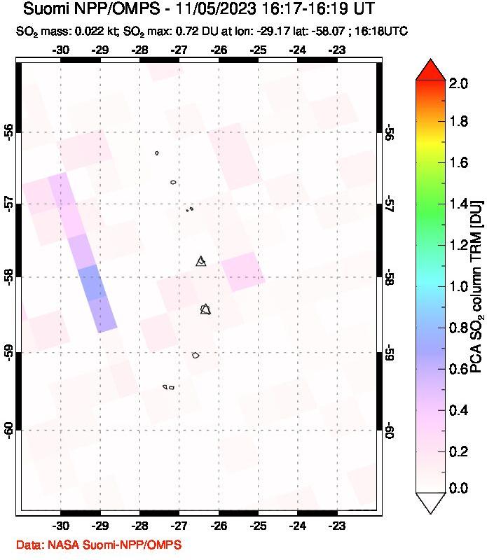 A sulfur dioxide image over South Sandwich Islands, South Atlantic on Nov 05, 2023.