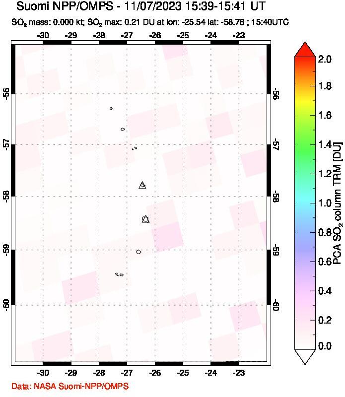 A sulfur dioxide image over South Sandwich Islands, South Atlantic on Nov 07, 2023.