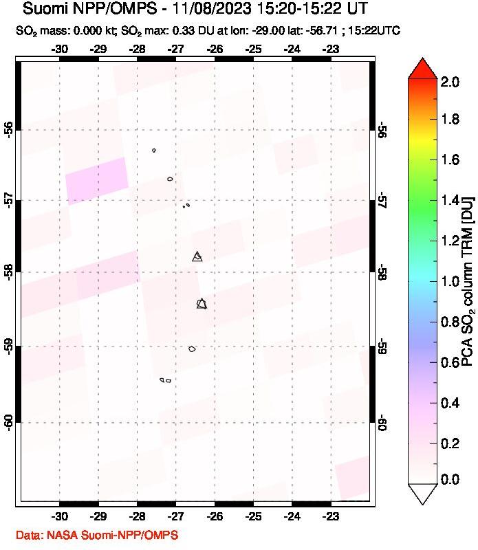 A sulfur dioxide image over South Sandwich Islands, South Atlantic on Nov 08, 2023.