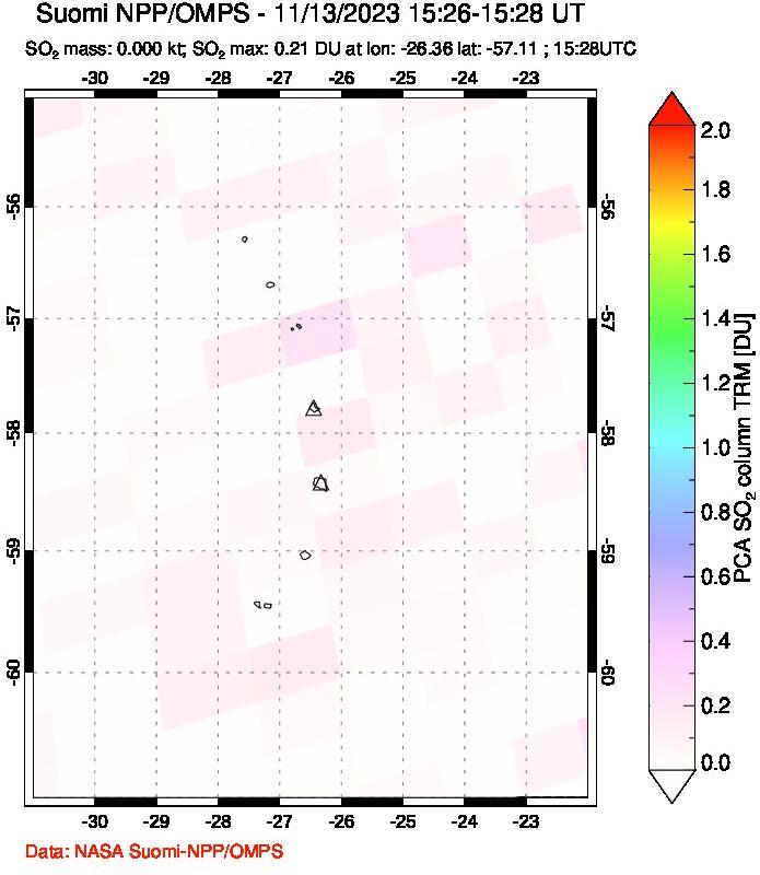 A sulfur dioxide image over South Sandwich Islands, South Atlantic on Nov 13, 2023.