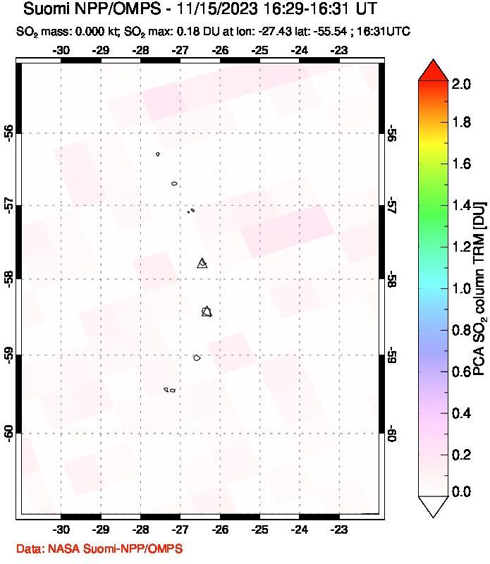 A sulfur dioxide image over South Sandwich Islands, South Atlantic on Nov 15, 2023.