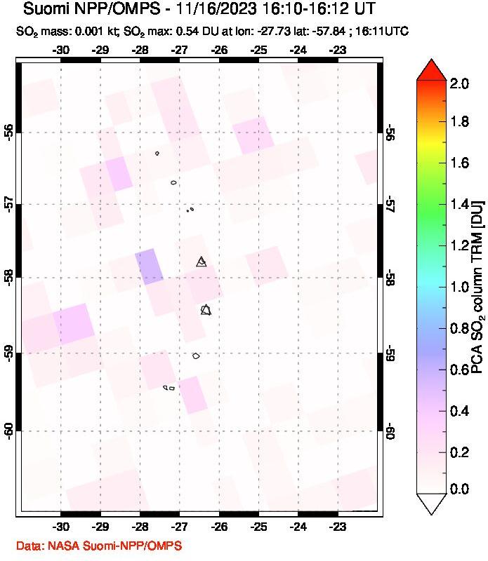 A sulfur dioxide image over South Sandwich Islands, South Atlantic on Nov 16, 2023.